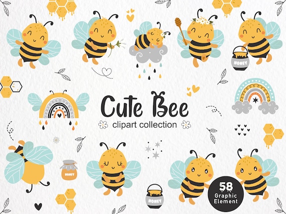 Cute Kawaii Bees Clipart, Bee PNG, Cute Bees Clipart, Honey Bees PNG, Bees stickers, Floral clipart, Bumble Bee, Digital printable clipart