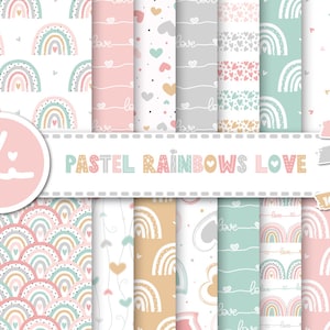 Ensemble de papiers numériques amour arcs-en-ciel pastel, 16 papiers modèle sans couture pastel Saint-Valentin, téléchargement numérique arcs-en-ciel, paquet de papier numérique coeur