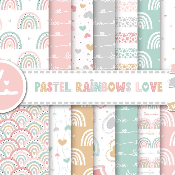 Pastel Rainbows Love Digital Papers Set, 16 Papers Pastel Valentine seamless pattern, Rainbows Digital Download, Heart Digital Paper Pack