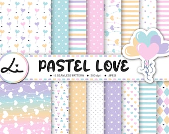 May include: A set of 16 seamless digital paper patterns featuring pastel colors and hearts. The patterns include stripes, polka dots, hearts, and balloons. The text "PASTEL LOVE" is displayed in the center of the image.