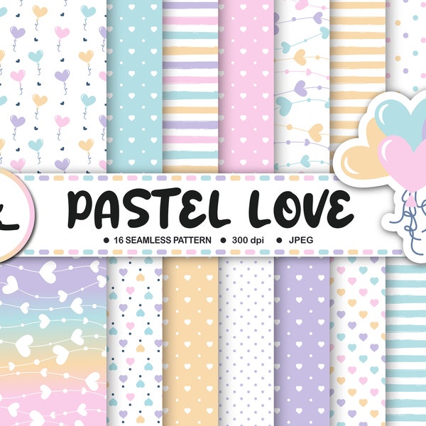 Pastell Liebe Digital Papiere Set, 16 Digitale Papiere Pastell Valentinstag Muster, Valentinstag Digital Download, Herz Digital Paper Pack