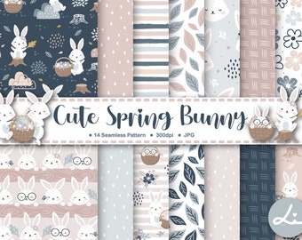 14 Cute Spring Bunny Digital Papers. Cute Bunny Seamless Pattern Set. Spring Cartoon Animal Background, Cute Easter Bunny, Woodland animal