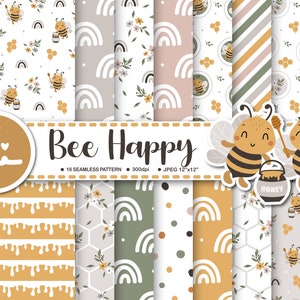 16 papiers numériques Bee Happy. Ensemble de modèles sans couture d'abeilles mignonnes. Fond d’animaux de dessin animé d’été, bourdon, téléchargement de papier numérique imprimable