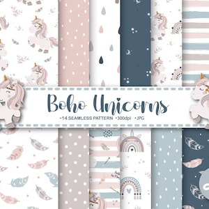 14 Boho Einhorn Digitales Papier. Niedlich, Einhorn, Seamless, Muster, Set. Cartoon Tier Hintergrund, magisches Einhorn, printable Digital Paper Download