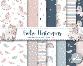 14 Boho Unicorn Digital Paper. Cute Unicorn Seamless Pattern Set. Cartoon Animal Background, Magic unicorn, Printable Digital Paper Download