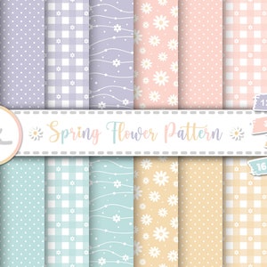 16 Cute Spring Flower Digital Papers. Daisy Floral Seamless Pattern Set on Pastel Color. Pastel Baby Papers, Pastel Flower Digital Download