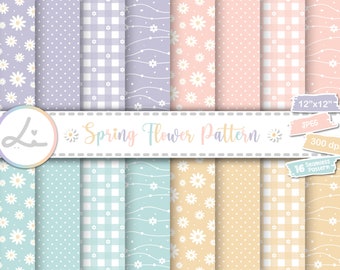 16 Cute Spring Flower Digital Papers. Daisy Floral Seamless Pattern Set on Pastel Color. Pastel Baby Papers, Pastel Flower Digital Download