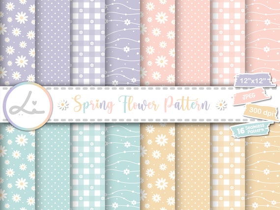 16 Cute Spring Flower Digital Papers. Daisy Floral Seamless Pattern Set on Pastel Color. Pastel Baby Papers, Pastel Flower Digital Download