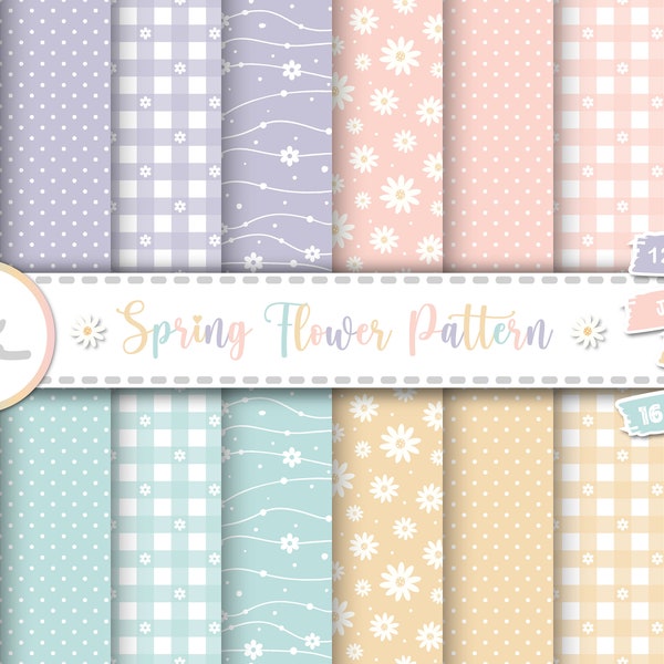 16 süße Frühlingsblumen digitale Papiere. Daisy Floral Seamless Pattern Set auf Pastellfarbe. Pastell Baby Papiere, Pastell Blume Digital Download