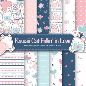 May include: A set of 14 digital seamless patterns featuring cute cartoon cats in love. The patterns include hearts, balloons, polka dots, stripes, and the text "Be Mine". The patterns are perfect for Valentine's Day, wedding, or any romantic occasion.
