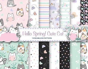 Digital Paper Pack HELLO SPRING Cats Design for scrapbooking decoration cards textile background wallpaper wrapping fabric and more.