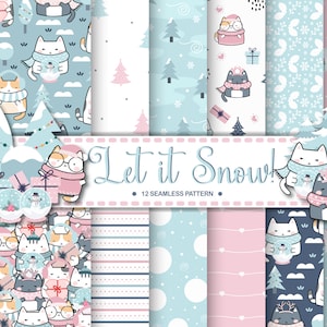 Let It Snow Digital Papers Pack, 12 Digital Papers Weihnachten Kawaii süße Katze nahtlose Muster, Winter Scrapbook Papier, Katze Kostüm Weihnachten