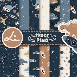 16 Papel digital Space Dino. Conjunto de patrones sin costuras Space Dino. Fondo de animales de dibujos animados, papel de álbum de recortes imprimible, tema del espacio exterior de dinosaurios