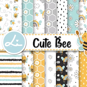 16 papiers numériques d’abeilles mignonnes. Ensemble de modèles sans couture d'abeilles mignonnes. Fond d’animaux de dessin animé d’été, bourdon, téléchargement de papier numérique imprimable