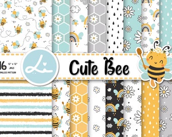 16 digitale papieren schattige bijen. Schattige bijen naadloze patroon set. Zomer tekenfilm dieren achtergrond, hommel, afdrukbare digitale papierdownload