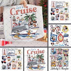 Puede incluir: Un bolso tote blanco con una ilustración de crucero con Mickey Mouse, el Pato Donald y otros personajes de Disney. El texto "Let's Cruise" se muestra en rojo. También hay gráficos adicionales con temática de Disney.