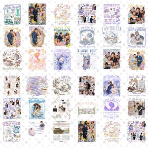 Puede incluir: Una colección de diseños con temática de Bridgerton, con citas, ilustraciones y retratos de personajes. Las imágenes incluyen texto como "I am the tea", "Spill the tea" y "Dearest Gentle Reader". La paleta de colores es suave, con tonos de azul, morado y crema.