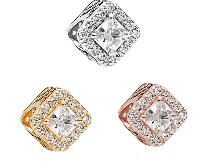 Sparkle Square Halo Crystal S925 Sterling Silver Charms for Silver bracelets