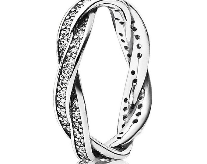Solid 925 Sterling Silver Sparkling Twisted Lines Crystal Stone Ring Mothers Day Birthday Gift