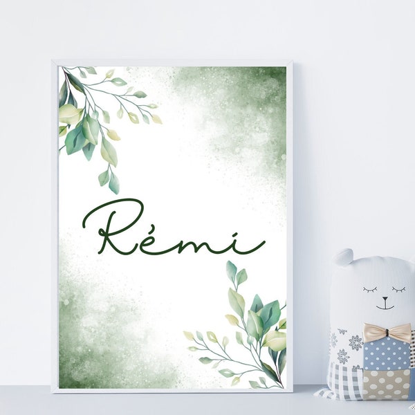 Affiche personnalisée chambre bébé avec prénom eucalyptus thème nature. Cadeau de naissance sur mesure pour décorer la chambre de bébé