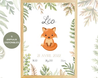 Pôster personalizado de nascimento de raposa e folhagem. Ideia de presente de nascimento personalizado para mãe e bebê