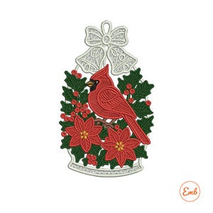 May include: Embroidered Christmas ornament featuring a red cardinal bird perched on a branch with red poinsettias and holly. The design includes a white bell-shaped frame with a bow and bells at the top. The ornament is a festive holiday decoration.