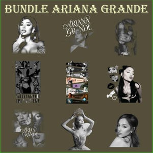 Puede incluir: Un paquete digital de nueve diseños gráficos en blanco y negro con Ariana Grande. La colección incluye retratos, collages estilizados y elementos de texto como BUNDLE ARIANA GRANDE, mostrando diversas representaciones artísticas de la artista.