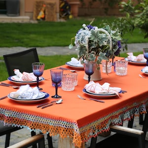 Hand-Crocheted Cotton Tablecloth with Colorful Edging, Custom Size & Colors, Perfect for Thanksgiving, Housewarming and Christmas Decor