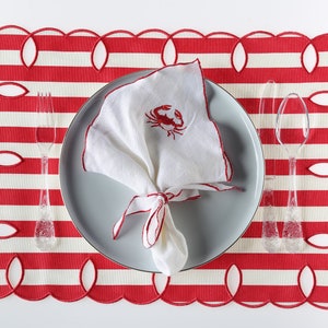 Striped Placemats with Scalloped Edges in Red, Beige and Navy Blue - Set of 4, 6, 8 or 12, Perfect Gift for Christmas and Thanksgiving