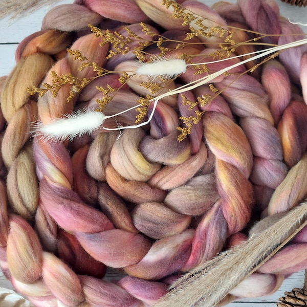 Hand dyed supersoft merino wool top/roving 'Autumn Leaves', 100g