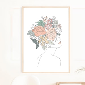 Minimalist Female Line Drawing Printable Wall Art, Modern Line Art, Plant Head Woman Art Print, Woman with Flower Head, Line Drawing Woman