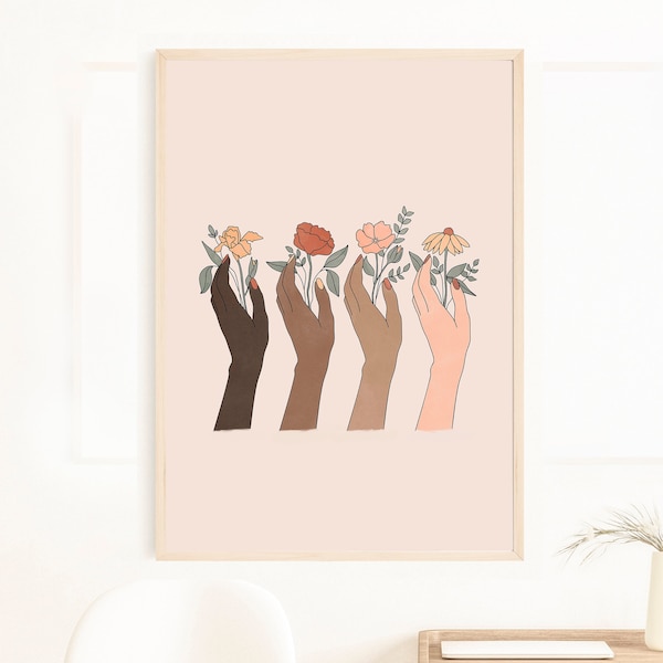 Equality Print, Flower Hand Art Print, Human Rights, Hand Holding, Boho Hands, Hand Holding Flowers, Hands Wall Print, Abstract Hands Art