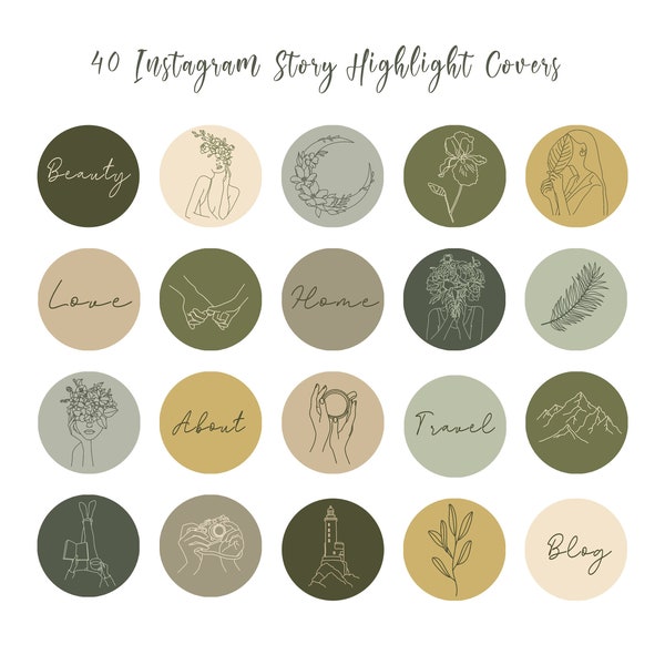 Boho Instagram Highlight Cover Icons 40 Line Art Highlights, Green Story Highlights, IG Icons Text, Neutral Instagram Stories, Boho Story