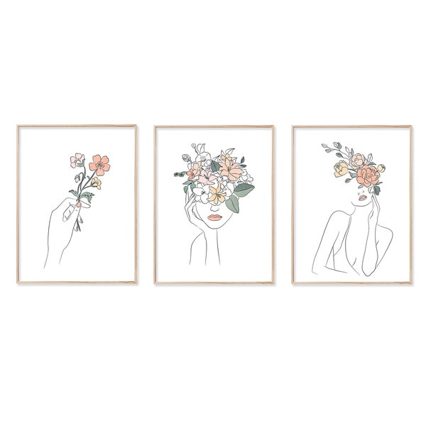 Blumenkopf Frau Galerie Drucke, Moderne Linie Zeichnung Set von 3, Frau mit Blumen Kunst, Blumen Line Art Set, Moderne Blume HandKunst Druck