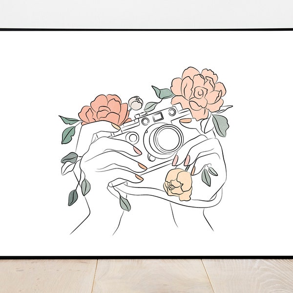 Camera Flowers Art, Modern Camera Illustration, Photography Studio Art Decor, Modern Line Art Flowers, Camera Wall Art, Hand Holding Camera