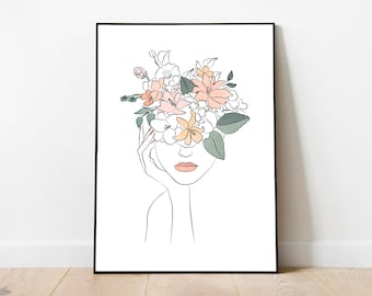 Dessin au trait féminin minimaliste, impression de femme de fleurs modernes, femme avec dessin au trait fleur, dessin au trait femme, affiche d'art en ligne, tête d'art de fleurs