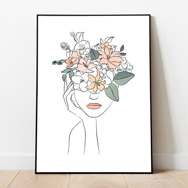 Minimalist Female Line Drawing, Modern Flowers Woman Print, Woman with Flower Line Art, Woman Line Art, Line Art Poster, Head of Flowers Art