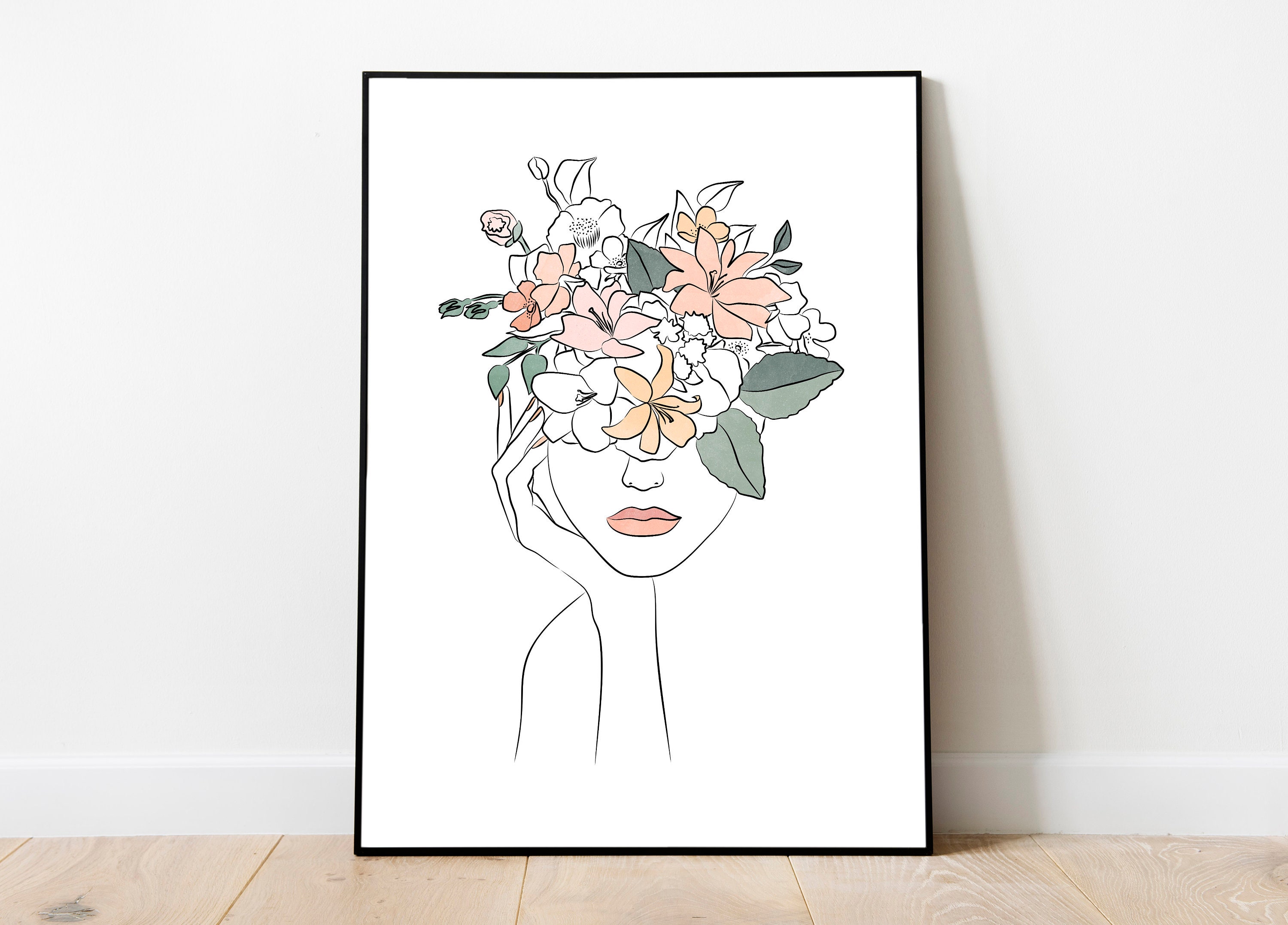 Woman with Flower Line Art, Woman Line Art, Line Art Poster, Head of Flowers Art
