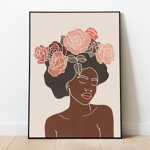 Minimalist Woman Line Drawing, Modern Black Woman Line Art, Flower Head Art Print, Line Art Woman with Flowers, African American Woman Print