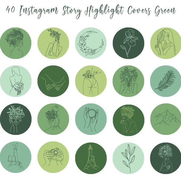 40 Green Instagram Highlight Cover Icons, Story Highlights Set, Line Art Instagram, Line Art Highlights, Instagram Templates, Green Covers