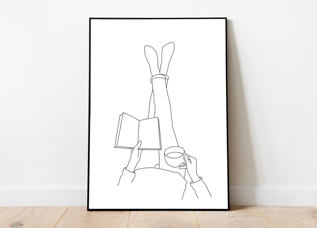 Book and Coffee Art, Woman Reading Art Print, Coffee Wall Art, Minimal
