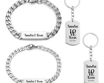 MyLove Infinity Gepersonaliseerde 2x roestvrijstalen koppelarmbanden met 2x roestvrijstalen sleutelhangergravure