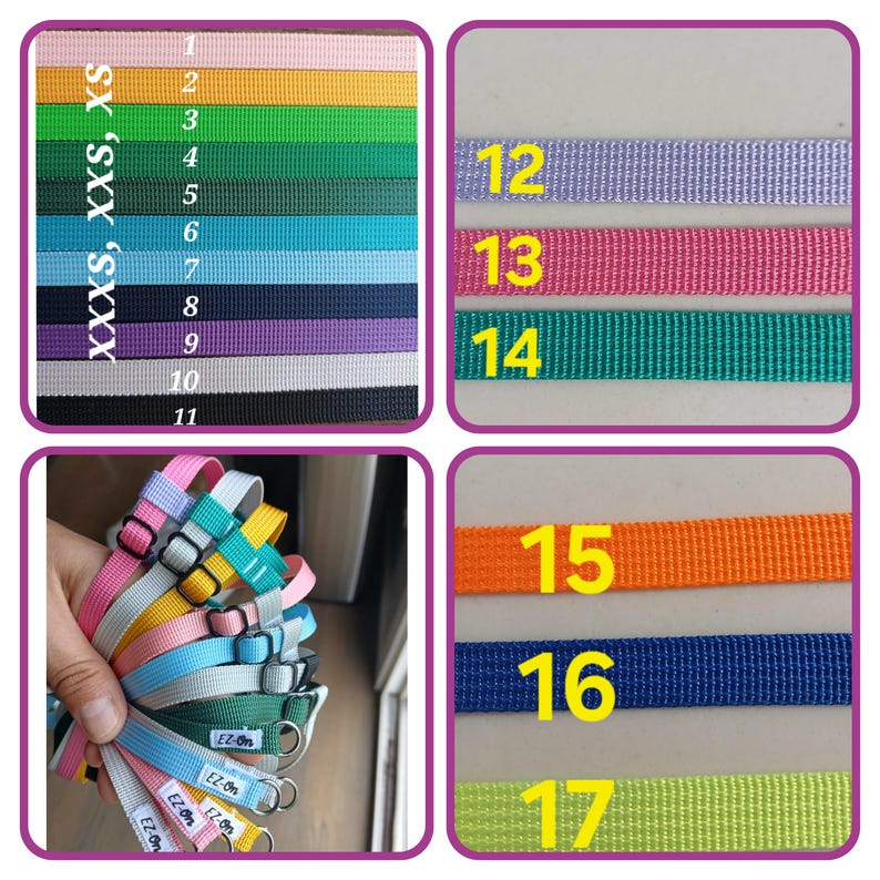 May include: A collection of nylon webbing straps in various solid colours, numbered 1 through 17. The straps feature adjustable plastic sliders and metal D-rings, with some labels reading EZ-On. The colours include pink, yellow, green, blue, purple, grey, black, orange, and lime.