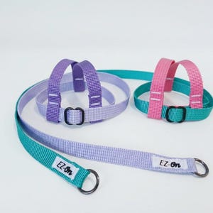 May include: Two pet harnesses with matching leashes made of woven nylon webbing. One set is light purple with a darker purple harness, and the other is teal with a pink harness. Each leash features a white tag with the black text EZ-On.