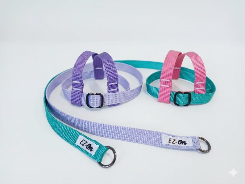 May include: Two pet harnesses with matching leashes made of woven nylon webbing. One set is light purple with a darker purple harness, and the other is teal with a pink harness. Each leash features a white tag with the black text EZ-On.