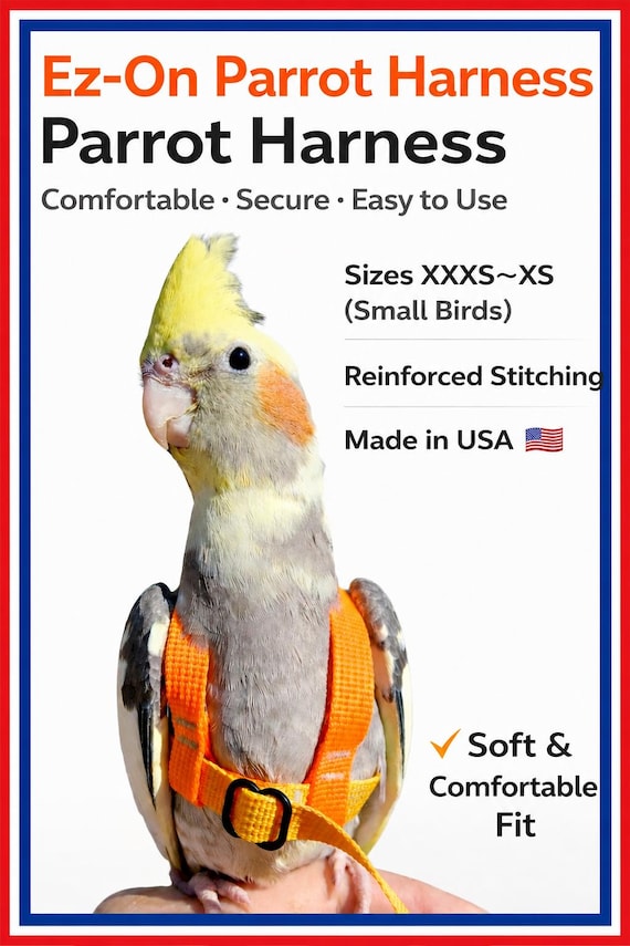 Handmade EZ-On Parrot Harness with Detachable Leash: Lightweight Stainless Steel Hardware