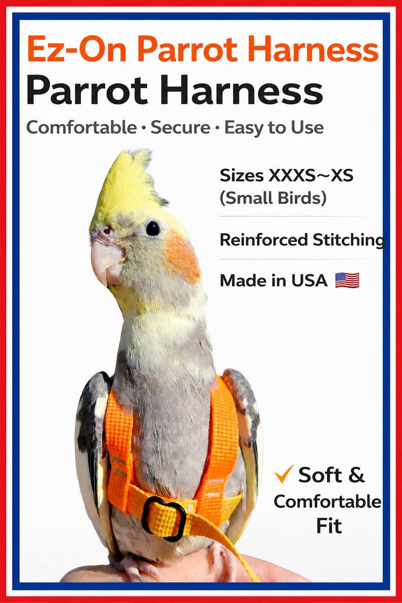 Handmade EZ-On Parrot Harness with Detachable Leash: Lightweight Stainless Steel Hardware image 1