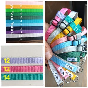May include: A collection of nylon webbing straps in various colours including pink, yellow, green, blue, purple, grey, and black. Each strap features a black plastic slider and a metal D-ring, with a white label reading EZ-On attached to the end.