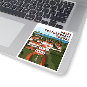 May include: A vintage-style illustration of the Naval Postgraduate School in Monterey, California. The illustration features a red-roofed building with a green lawn and a flagpole in the foreground. The text "NAVAL POSTGRADUATE SCHOOL" and "MONTEREY, CA" is displayed in white on a blue background.
