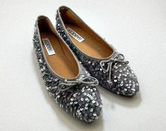 Women Point Toe Sequin Ballerinas | Glitter Pointed Toe Ballet Flats | Bow Tie Black Gray Yellow Apricot Foldable Retro Shoes